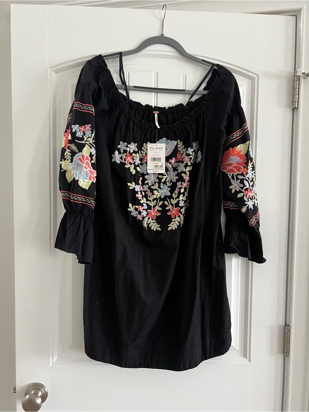 Free People Black Off-Shoulder Floral Embroidered Blouse